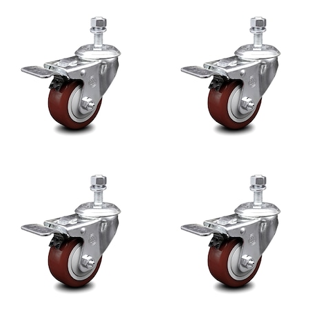 Service Caster 3 Inch Maroon Polyurethane Swivel 1/2 Inch Stem Caster Set with Total Lock Brake SCC-TSTTL20S314-PPUB-MRN-121315-4